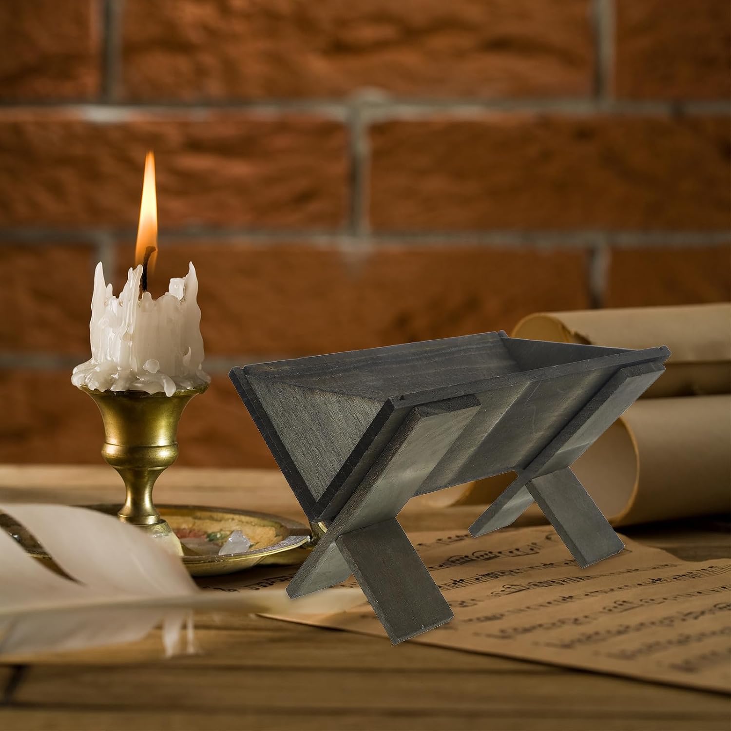Wooden Manger for Jesus Nativity Scene Figurine, Artistic Unique Design with Damage Resistant Wood Material, for Church Decorations and Indoor Tabletop Display