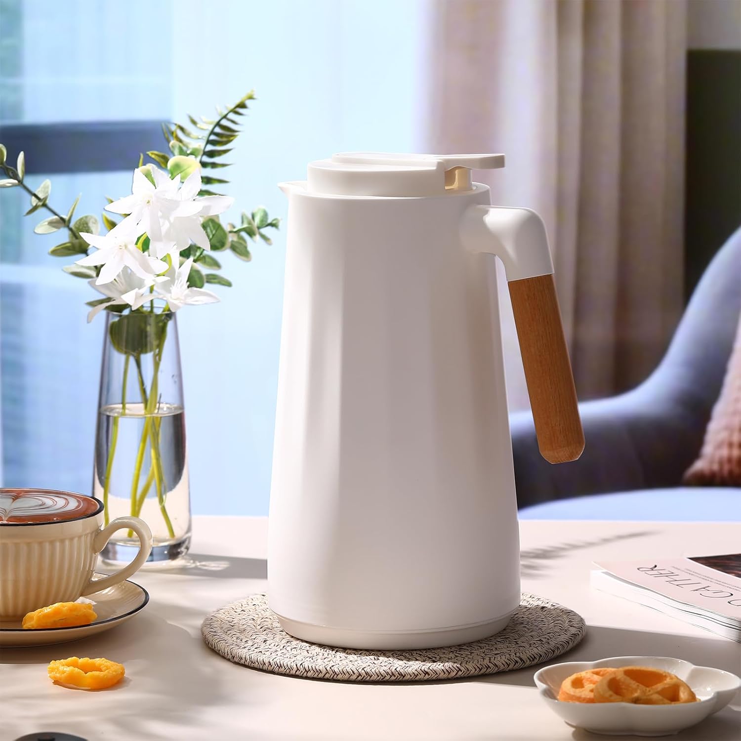 2 Pcs 34 oz Thermal Coffee Carafe for Keeping Hot/Cold Double Wall Vacuum Carafe with Insulated Glass Liner and Wood Handle Coffee Pot Container for Drinks Milk Tea Chocolates(White) - Image 5