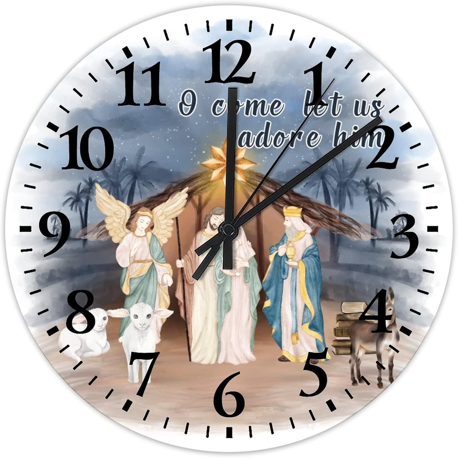 Clock Wooden Birth of Jesus Bathroom Clock Silent Non Ticking Arabic Numbers Oh Holy Night Nativity Religious Round Clock for Bedroom Living Room Home Decor 15 Inch