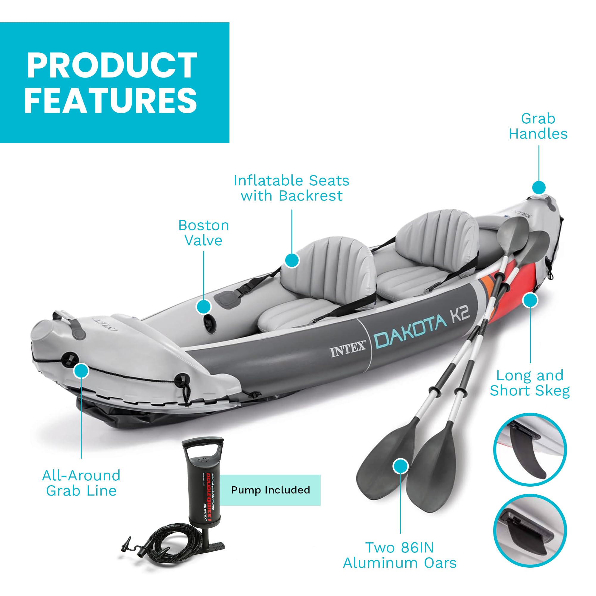 Intex 68310VM Dakota K2 - Kayak gonflable en vinyle résistant pour 2 personnes avec rames de 200 cm et pompe à air, gris et rouge