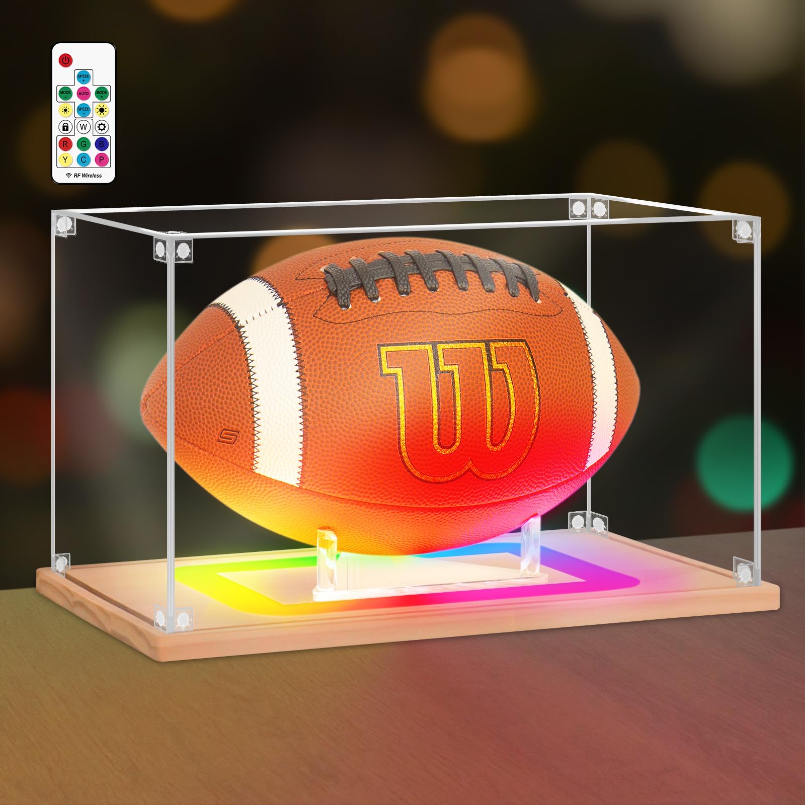 Nonemey Football Display Case with Colorful Light,Acrylic Soccer Box Full Size with Wood Base