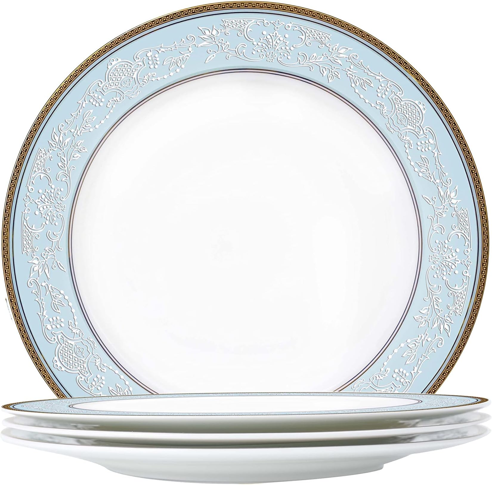 Fine Bone China Dinner Plates Sets, 4 Pcs Classic Relief Pattern Gilt Edged High Grade 10.5 inch Dinnerware Sets For 4 People
