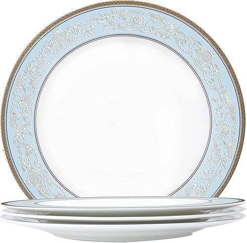 Juego de platos llanos de porcelana fina, 4 piezas de patrón clásico de relieve dorado con bordes dorados de alto grado de 10.5 pulgadas para 4