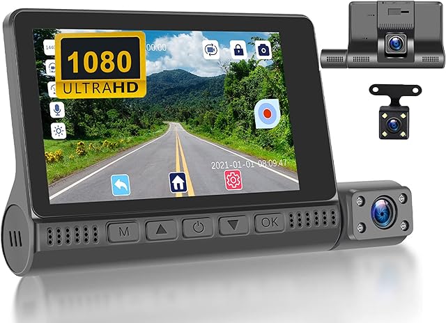 CAMECHO 3 Channel 1080P Dash Cam Touch Screen with Car Front Rear with 32G TF Card, Full HD DVR 4 inch Car Dashboard Camera with Super Night Vision, G-Sensor, Loop Recording, Motion Detection