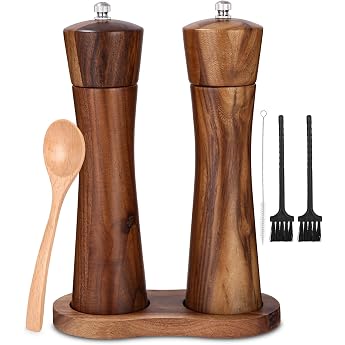 Salt and Pepper Mill Wood Set of 2 Spice Mill with Ceramic Grinder Salt and Pepper Shaker with Saucer Peugeot Adjustable for Spices Pepper Salt Set of 2 21.5 cm Solid Wood