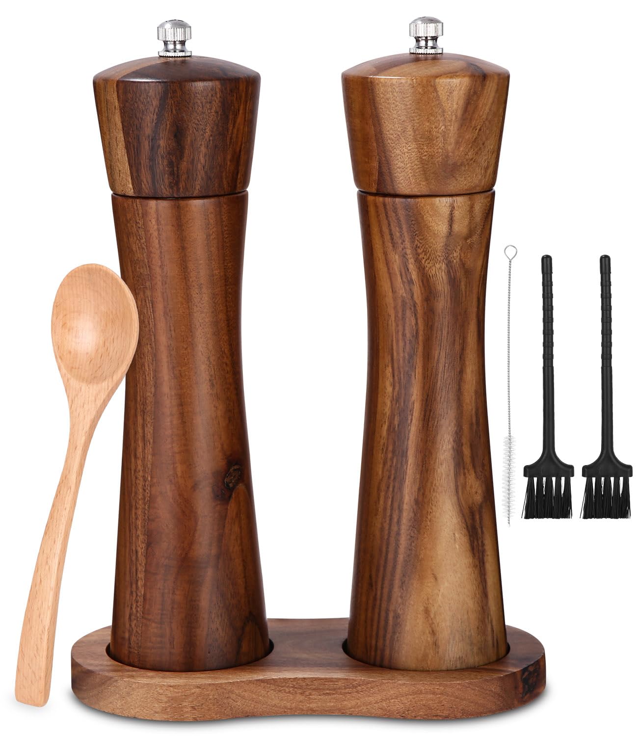 Juego de 2 molinillos de sal y pimienta de madera, molinillo de especias con mecanismo de cerámica, salero y pimentero con plato, molinillo de pimienta, ajustable para especias, pimienta, sal, juego