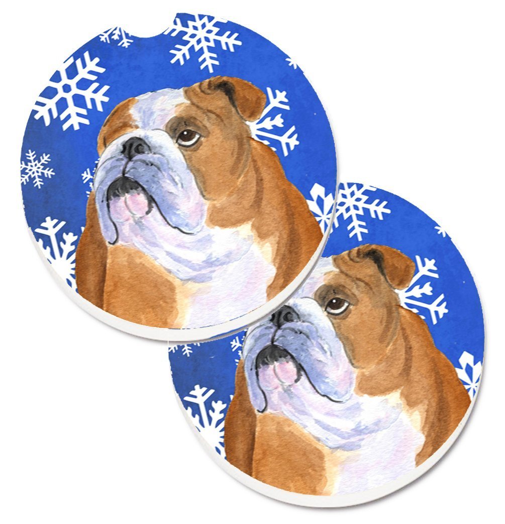 Bulldog English Winter Snowflakes Holiday Set of 2 Cup Holder Car Coaster