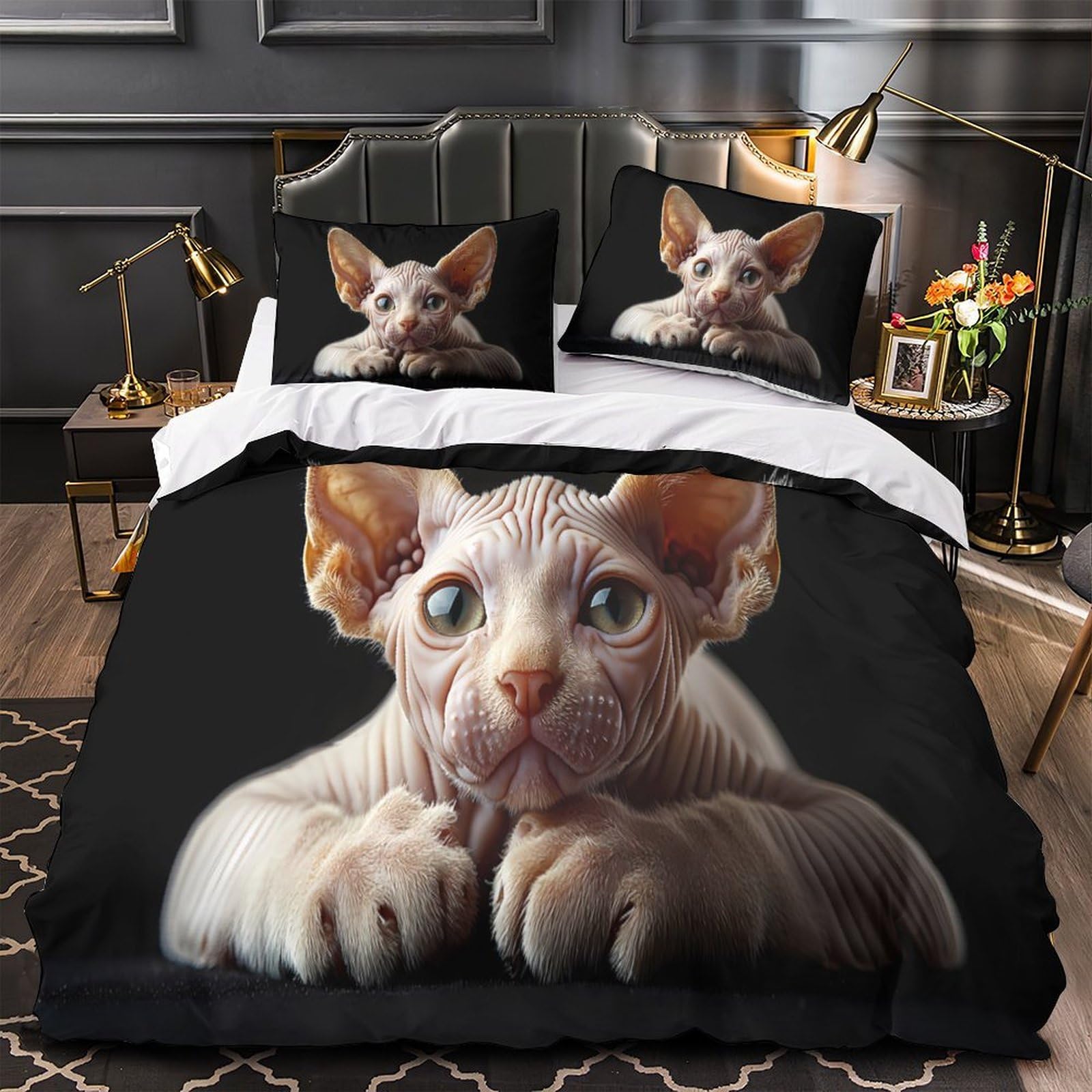 Linge de lit chaton Sphynx housse de couette 140x200 cm douce microfibre imprimé animal 3D avec fermeture éclair