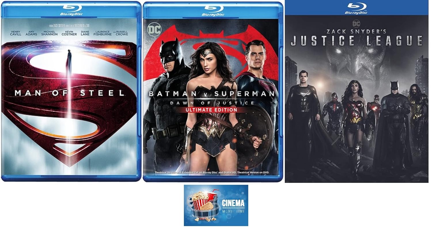 Justice League Triple Feature Man of Steel + Batman v Superman Extended Cut + Zack Snyder's Justice League 3 Blu Ray Set Includes Cinema Movie Time Art Card