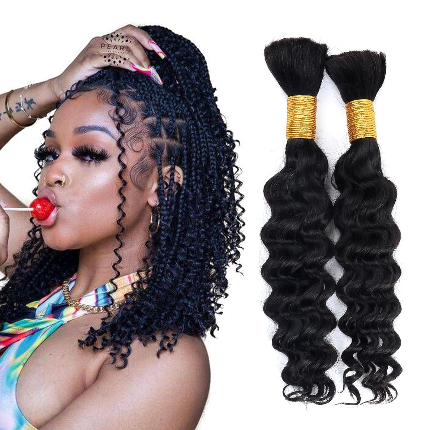 Human Braiding Hair for Boho Braids Human 100g 16 Inch Curly Boho Hair for Braiding Knotless 12A Deep Wave Bulk Bohemian 2 Bundles/Pack Natural Color