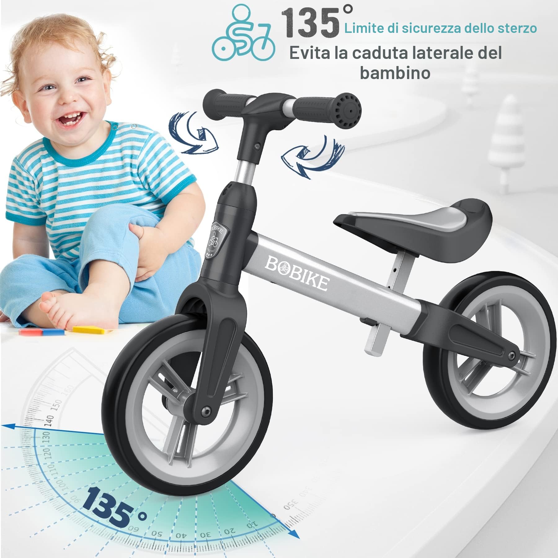MHCYLION Bicicletta Bambini Senza Pedali per 1,5-4 Anni Fino a 25 Kg, volante e sellino Regolabili in Altezza, Bloccasterzo, Giocattoli Regali per Bambini Bicicletta Equilibrio Bambino,Argento