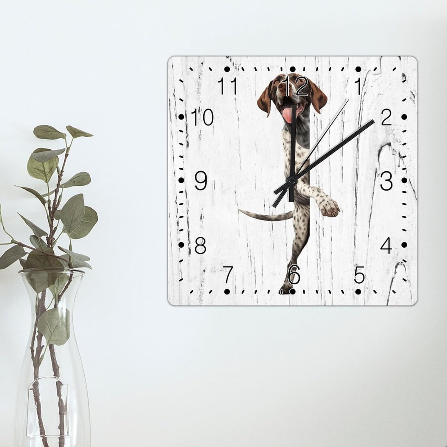 Pointer Decorative Wall Clock Pointer Dog Peeking ASquare Corner Wall Clocks Battery Operated Silent Wooden Clocks Pet Owner Gift Wooden Clock for Laundry Room Bedroom 15x15in