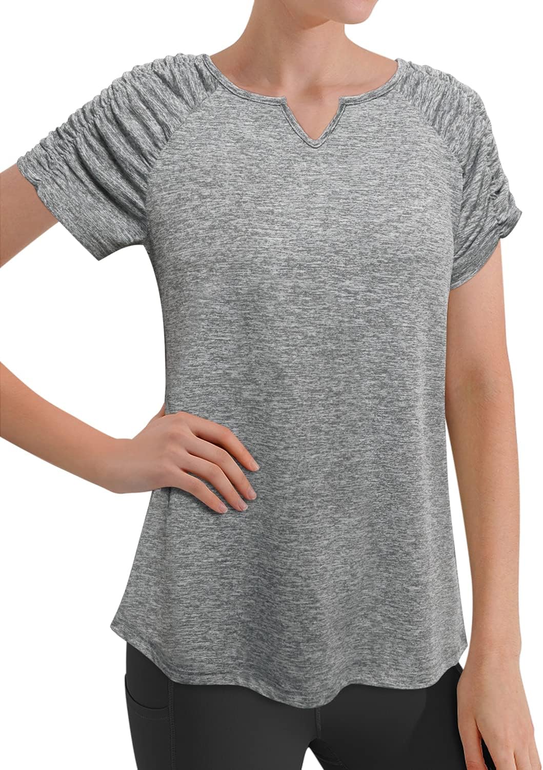 Vldnery Women's Plus Size Tops V-Neck Pleated T- Shirt Summer Casual Athletic Moisture Wicking Loose fit Shirt(2X) Light Gray - Image 3