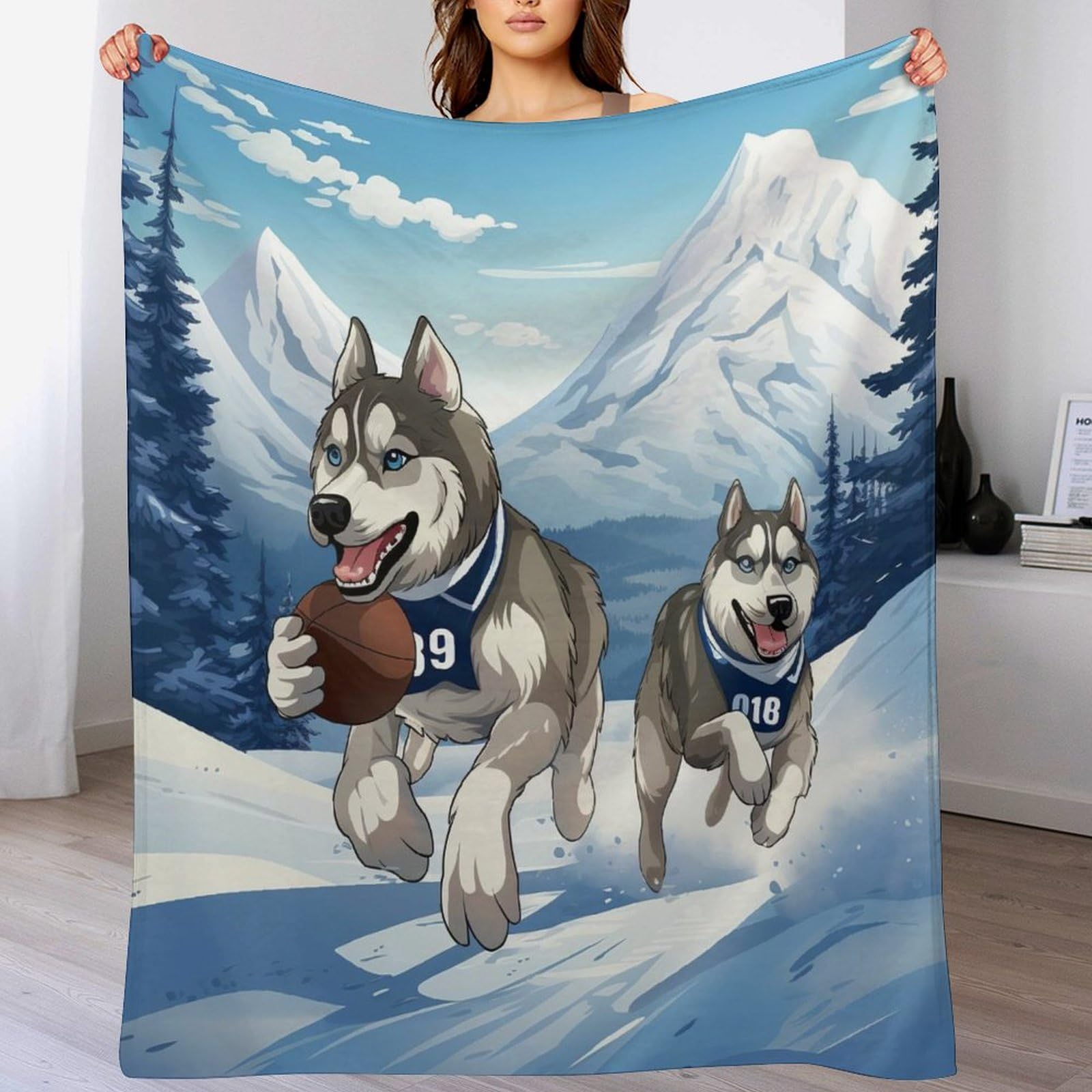 Couverture en polaire motif chien sled 140x180cm pour lit et canapé