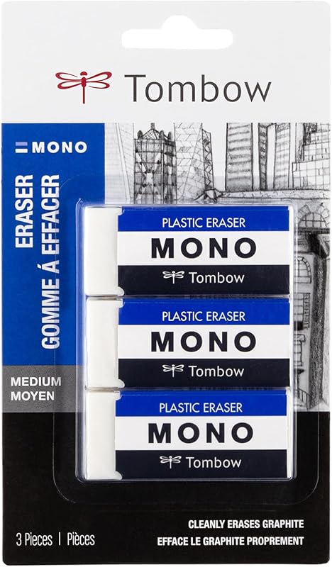 Tombow 57324 MONO Eraser, White, Medium, 3-Pack. Cleanly Removes Marks