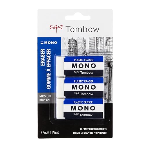 Tombow 57324 MONO Eraser, White, Medium, 3-Pack. Cleanly Removes Marks Without Damaging Paper