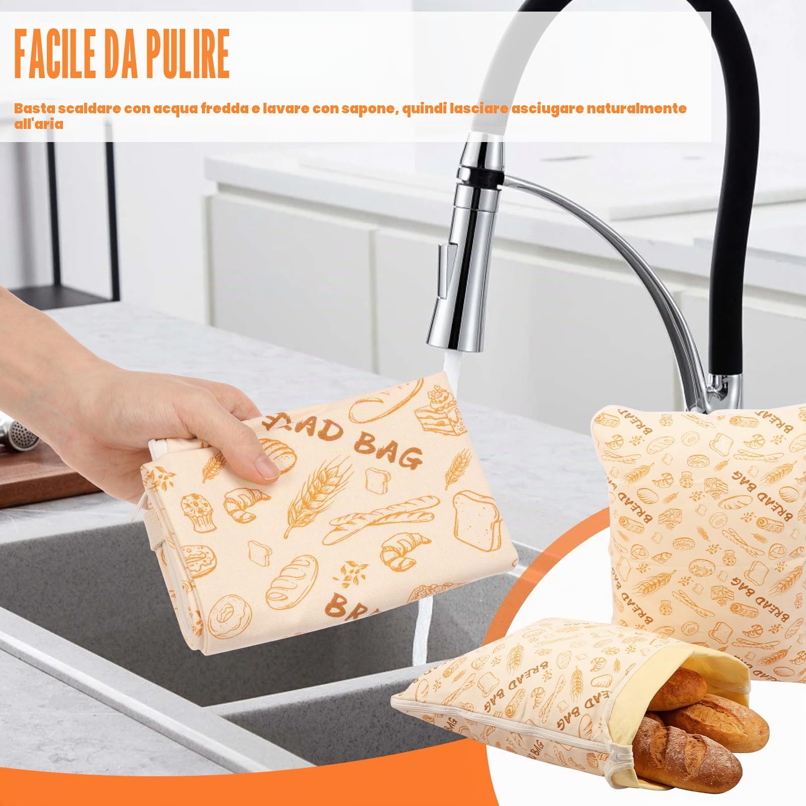 2 Pezzi di Sacchetti per Pane in Cera d'Api 43cm×33cm, Sacchetto per Pane Riutilizzabile con Chiusura a Cerniera e Manico, Sacchetti per Pane in Cera d'Api Naturale