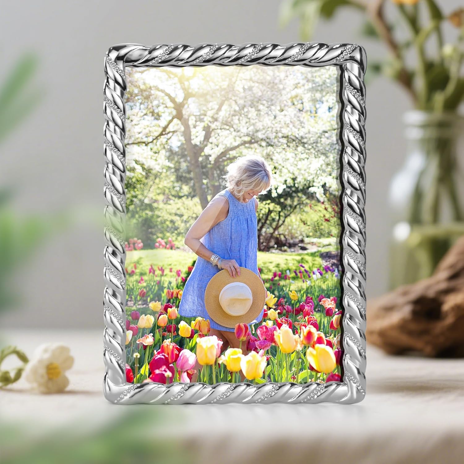 5x7 inch Picture Frame Design Vintage Style Metal Photo Frame with High Definition Glass Antique Display Holder for Tabletop (5x7-Silver-Spiral Rope)