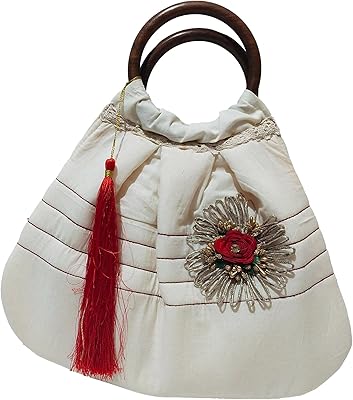 athizay Top handle Potli bags tassel hanging wooden handle solid plain with Big Jute Flower Embellished hand carry bag wristlets bags for women
