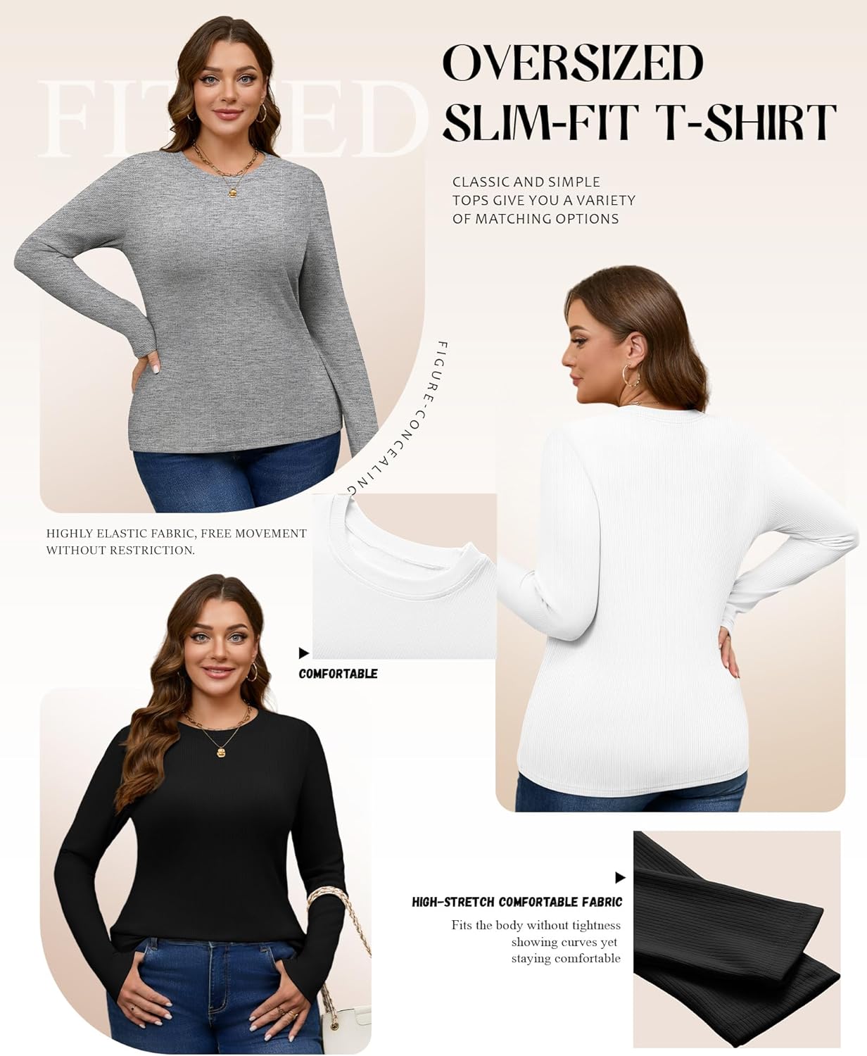 3 Pack Plus Size Thermal Shirts for Women Long Sleeve Ribbed Knit Underwear Tops Base Layer Tee - Image 5