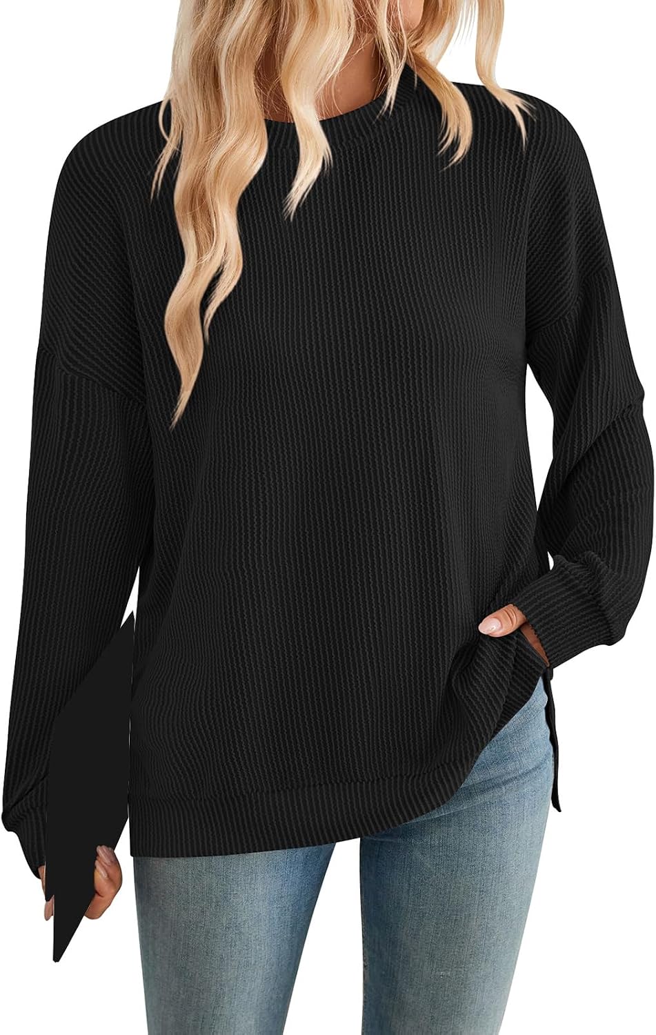 Women's Ribbed Sweatshirts Crewneck Casual Long Sleeve Oversized T Shirts Summer Batwing Short Tunic Tops Loose Fit