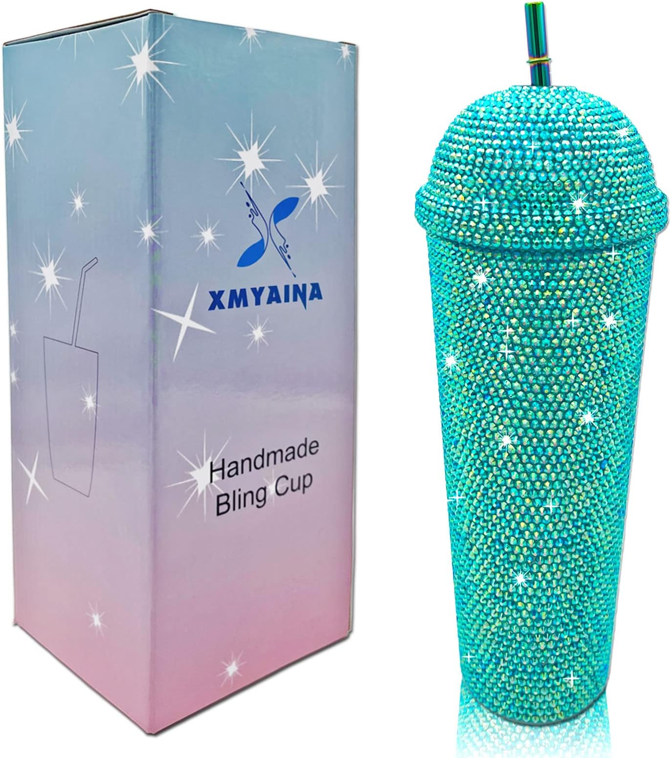 24oz Bling Cup Handmade Rhinestones Studded Tumbler Double Wall Insulated Plastic Reusable Water Bottle with Lid and Straws for Home Office Party Beach(Peacock Blue)