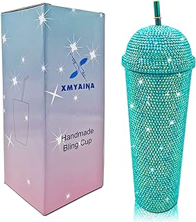 24oz Bling Cup Handmade Rhinestones Tumbler Double wall Insulated Plastic Water Bottle with Lid and Straws (Peacock Blue)