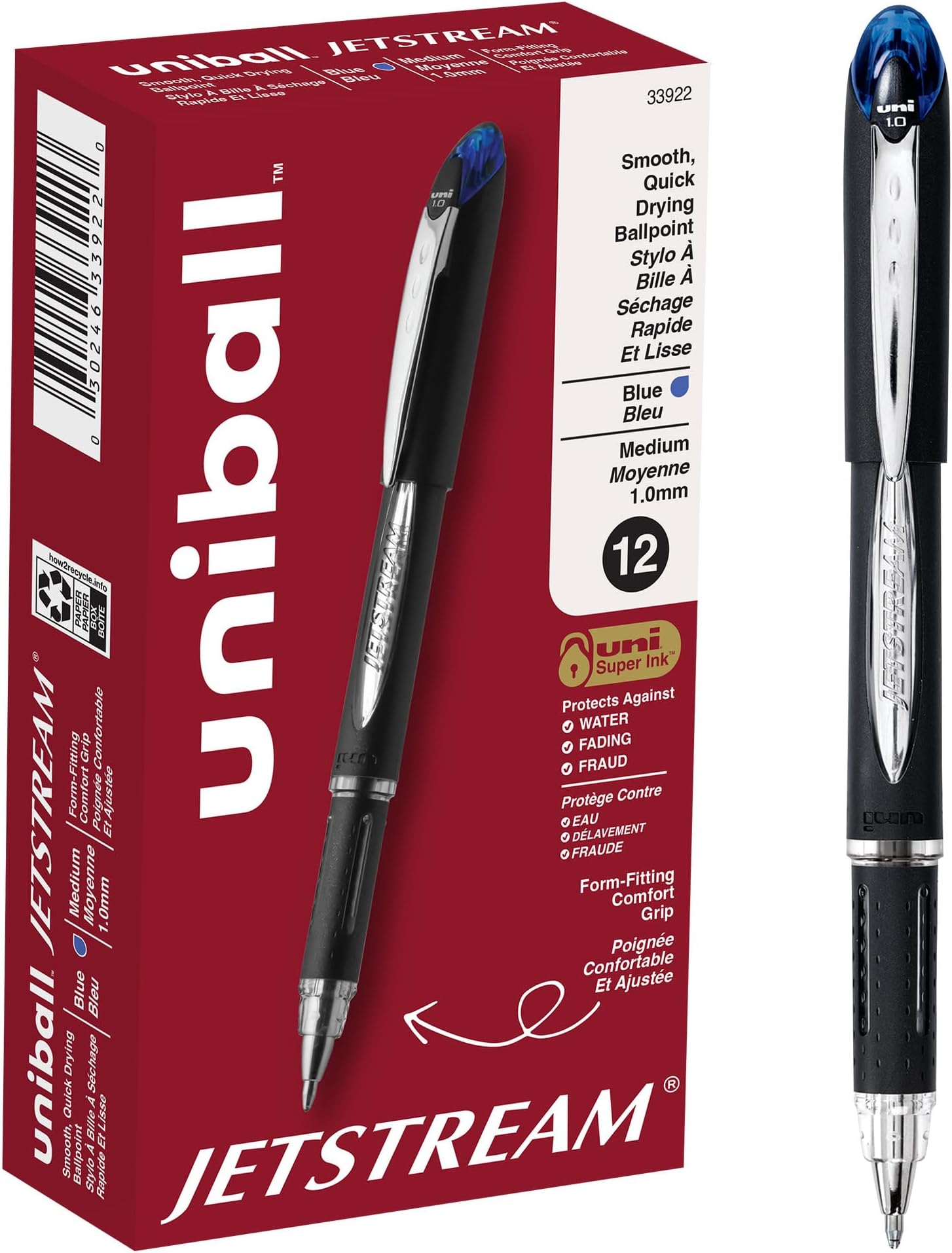 Jetstream Stick Ballpoint Pen, Bold 1 mm, Blue Ink, Black Barrel, 1 Dozen
