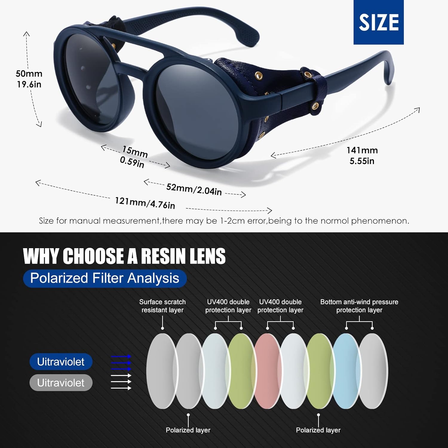 Miniatura 7 de PANNER Gafas de sol polarizadas estilo steampunk redondas retro con escudo lateral de cuero gafas vintage de doble puente para hombres y mujeres