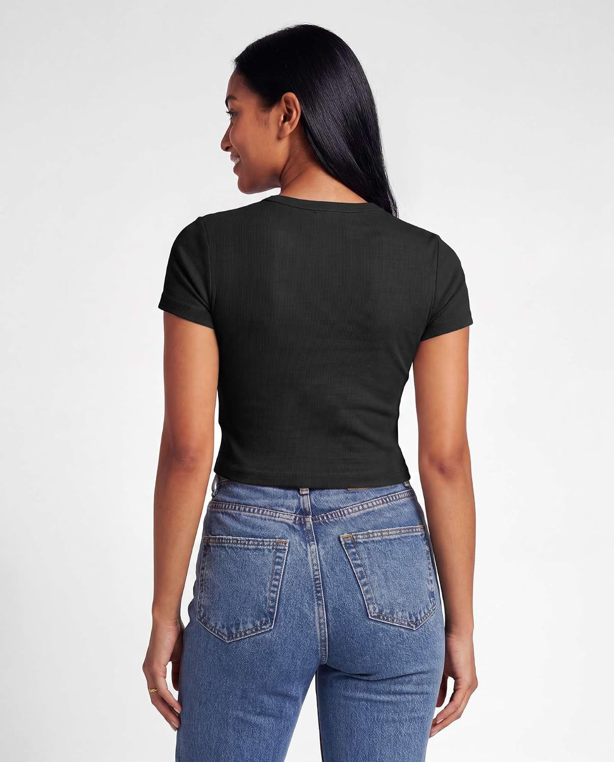 Real Essentials 4-Pack: Women's Short Sleeve Ribbed Knit Cotton Crew Neck Crop Top T-Shirt - (Available in Plus)