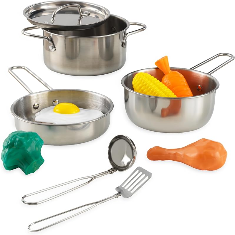 Juego de utensilios de cocina de lujo con comida, regalo para mayores de 3 años | Cocina de juego de simulación para niños, ollas y sartenes con apariencia de acero inoxidable, verduras y proteínas, regalo para mayores de 3 años
