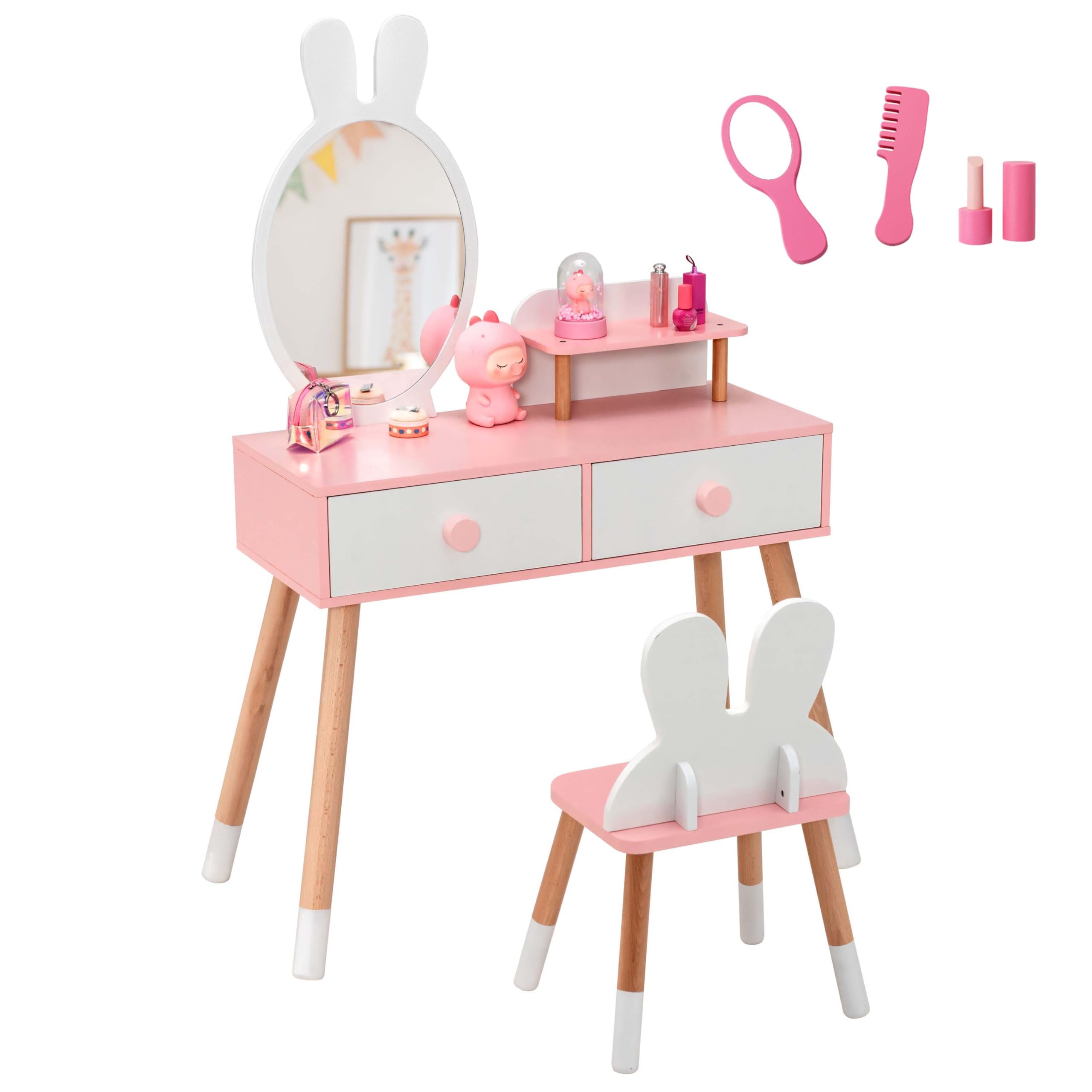 DREAMADE 2 en 1 Coiffeuse Enfant Fille avec Miroir Amovible&Tabouret Table de Maquillage Enfant 3+ Ans,Pieds en Bois,2 Tiroirs,Coiffeuse Princess Tout-Petits Charge 50 KG(Lapin Blanc)