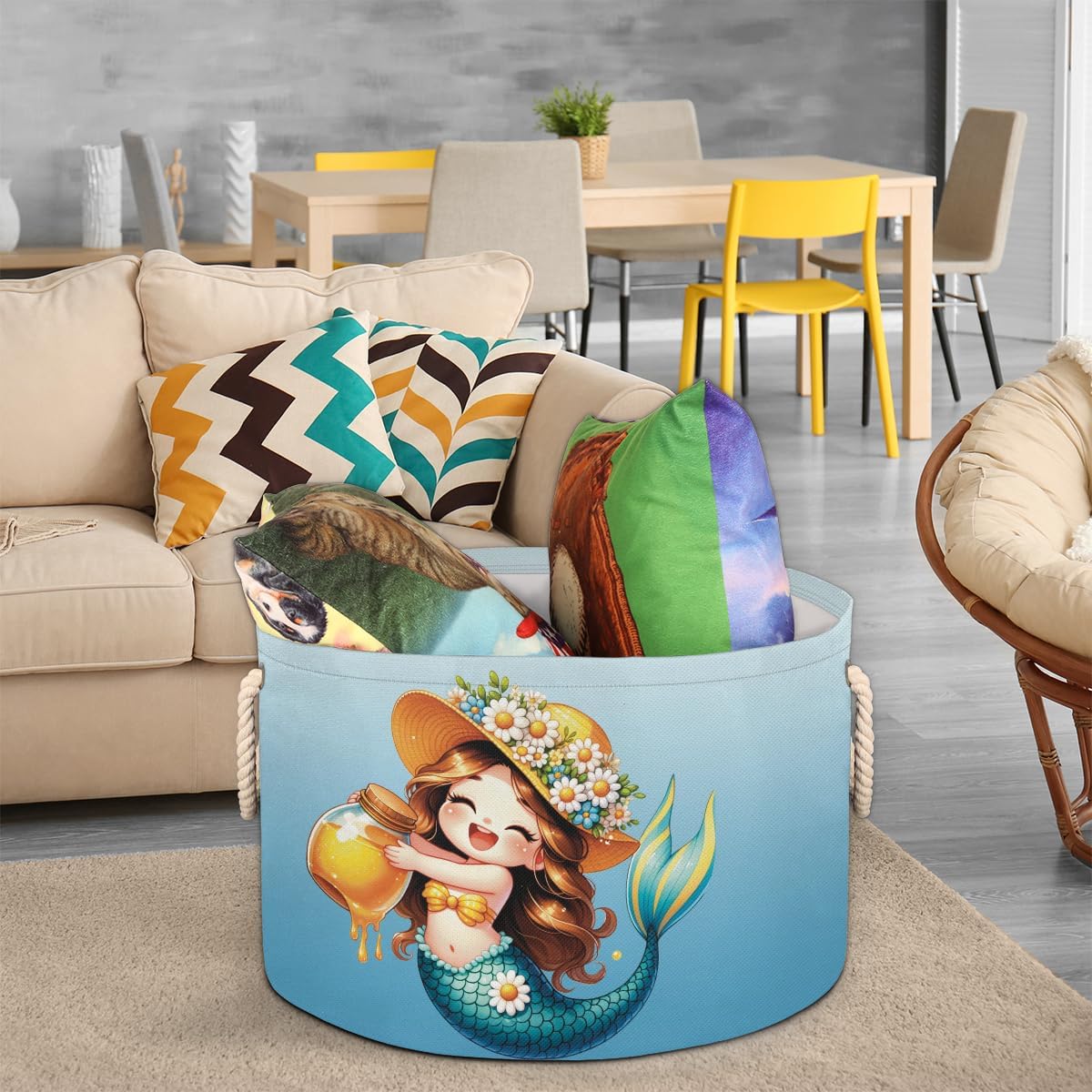 Large Round Laundry Basket Turquoise Mermaid Girls Bee Toy Bins Organizers and Storage for Girls Canvas Collapsible Blanket Storage Basket Laundry Hamper Gift Baskets Bedroom Clothes Children Nursery