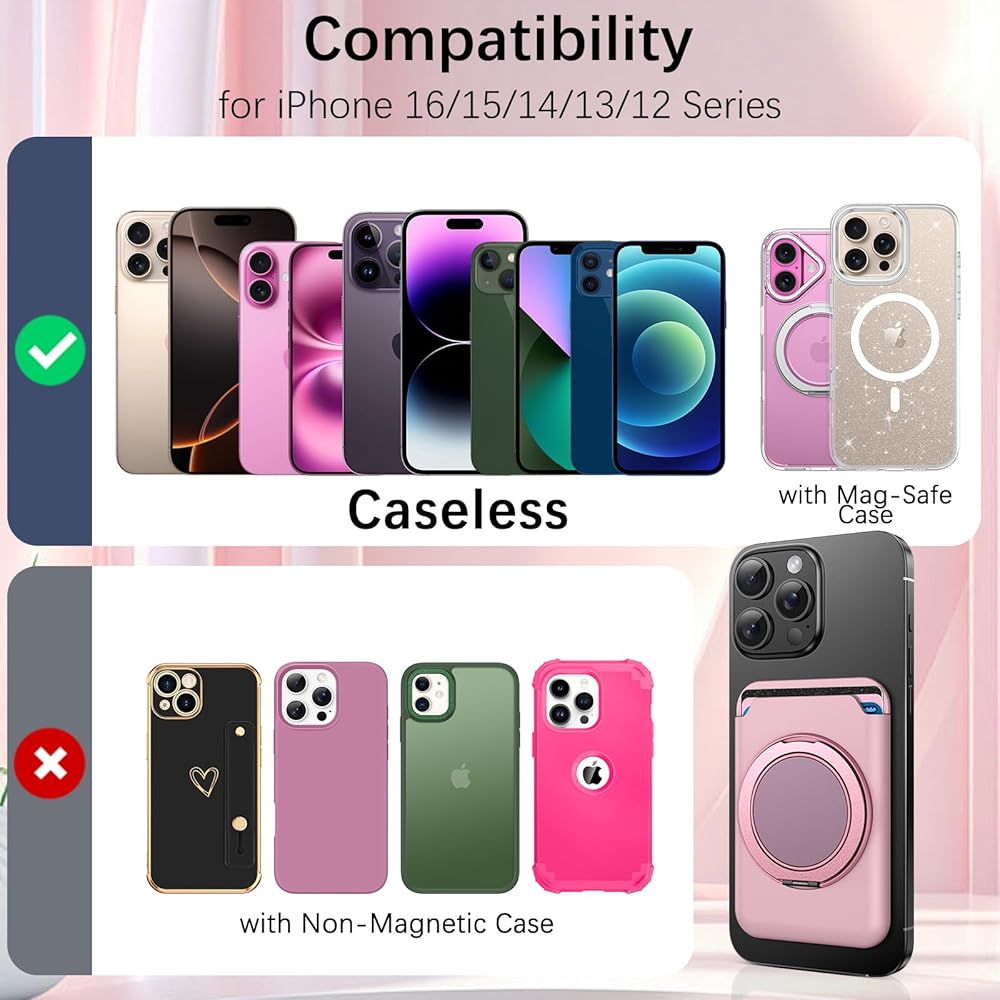 Universal Magnetic Card Wallet Compatible With MagSafe Phone Back Bag Case,Cute Flower Pattern With Ring Stand Designed For Apple IPhone 15 Pro Max 14 Pro /12 Pro/14 Plus/13 And More - Purple - View #5