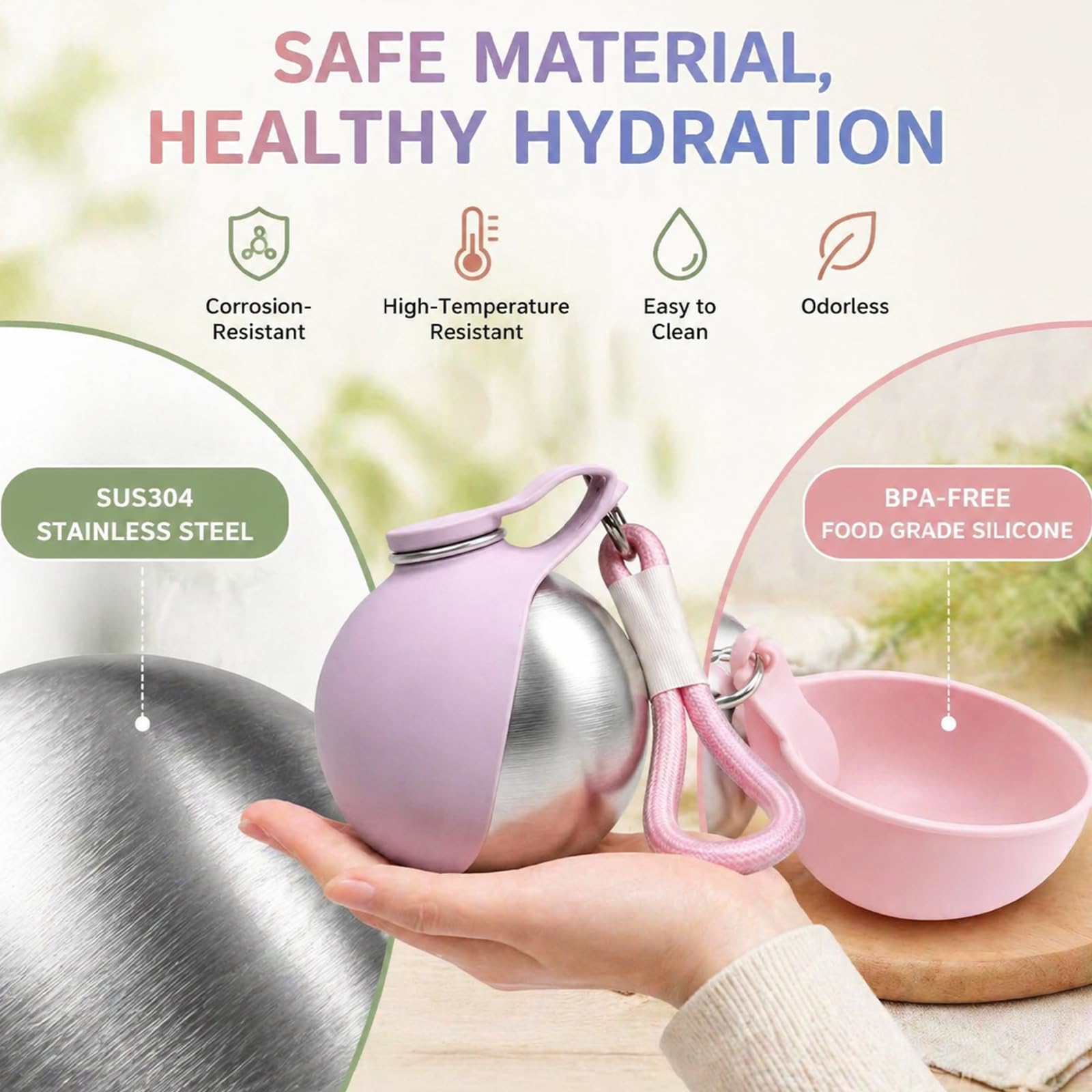 Botella para Perros para Viajes, de Acero Inoxidable, Botella portátil para Beber 285 ml, diseño de Silicona Plegable, Ideal para Paseos al Aire Libre y Caminatas