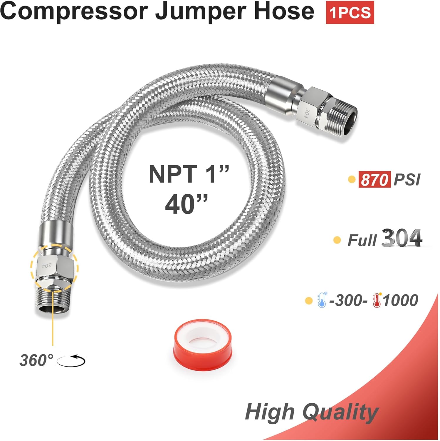 1" x 40" Air Compressor Jumper Hose – Corrugated Stainless Core, Braided Protective Sleeve, 870 PSI, 1" NPT Rotating Ends