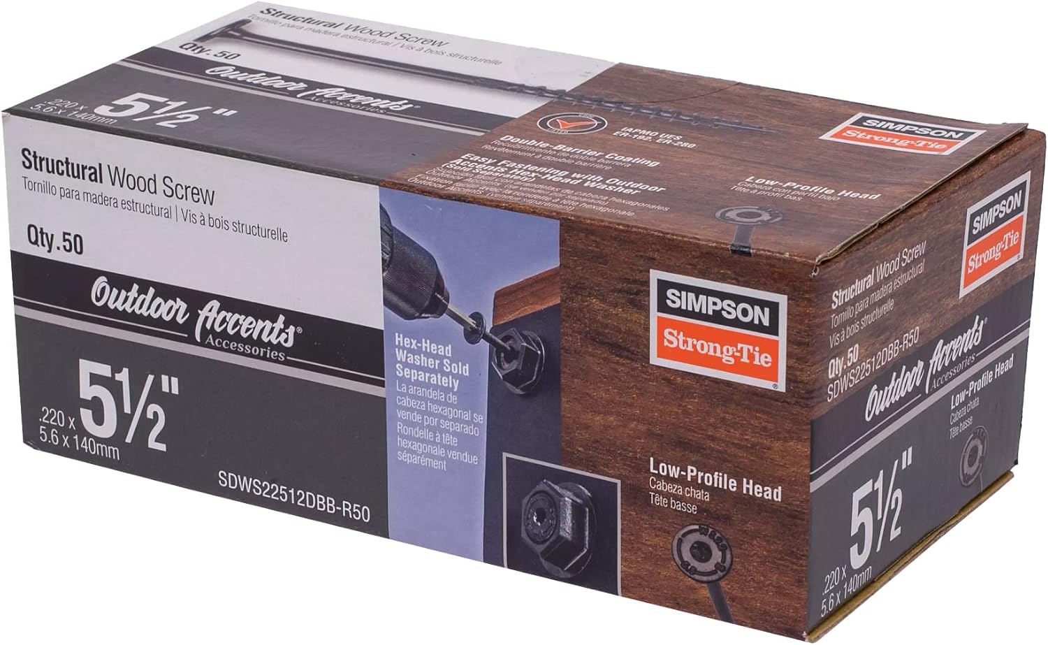 Simpson Strong-Tie SDWS22512DBB-R50 Outdoor Accents Structural Wood Screws‚ 0.220 Inch. x 5-1/2 Inch, Double Barrier Coating, Low Profile Head, Sawtooth Point Black (Pack of 50)