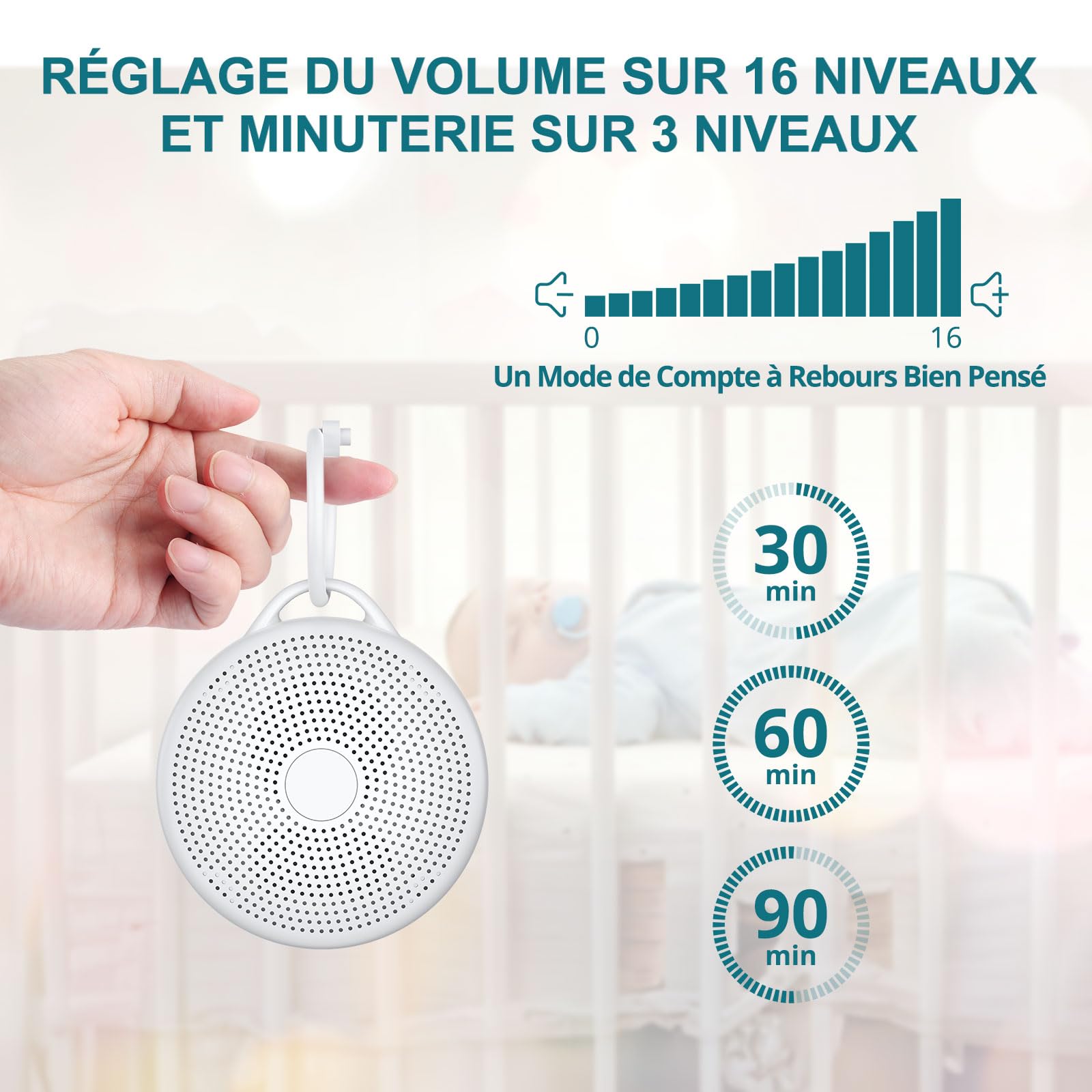 Machine à Bruit Blanc Portable pour Bébé, 24 Sons Apaisants, Veilleuse Réglable, Batterie Rechargeable 2000mAh, Minuterie 30/60/90 min, Fonction Mémoire, Machine Sommeil pour Chambre, Voyage