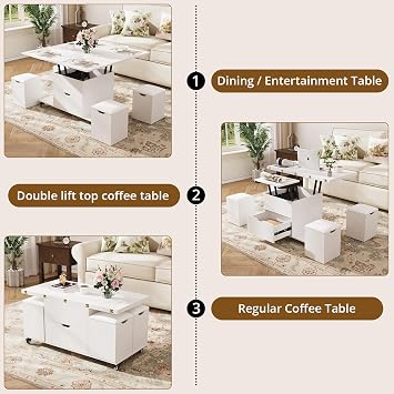 VOWNER Lift Top Coffee Table 3-in-1 Convertible with Drawer 4 Stools