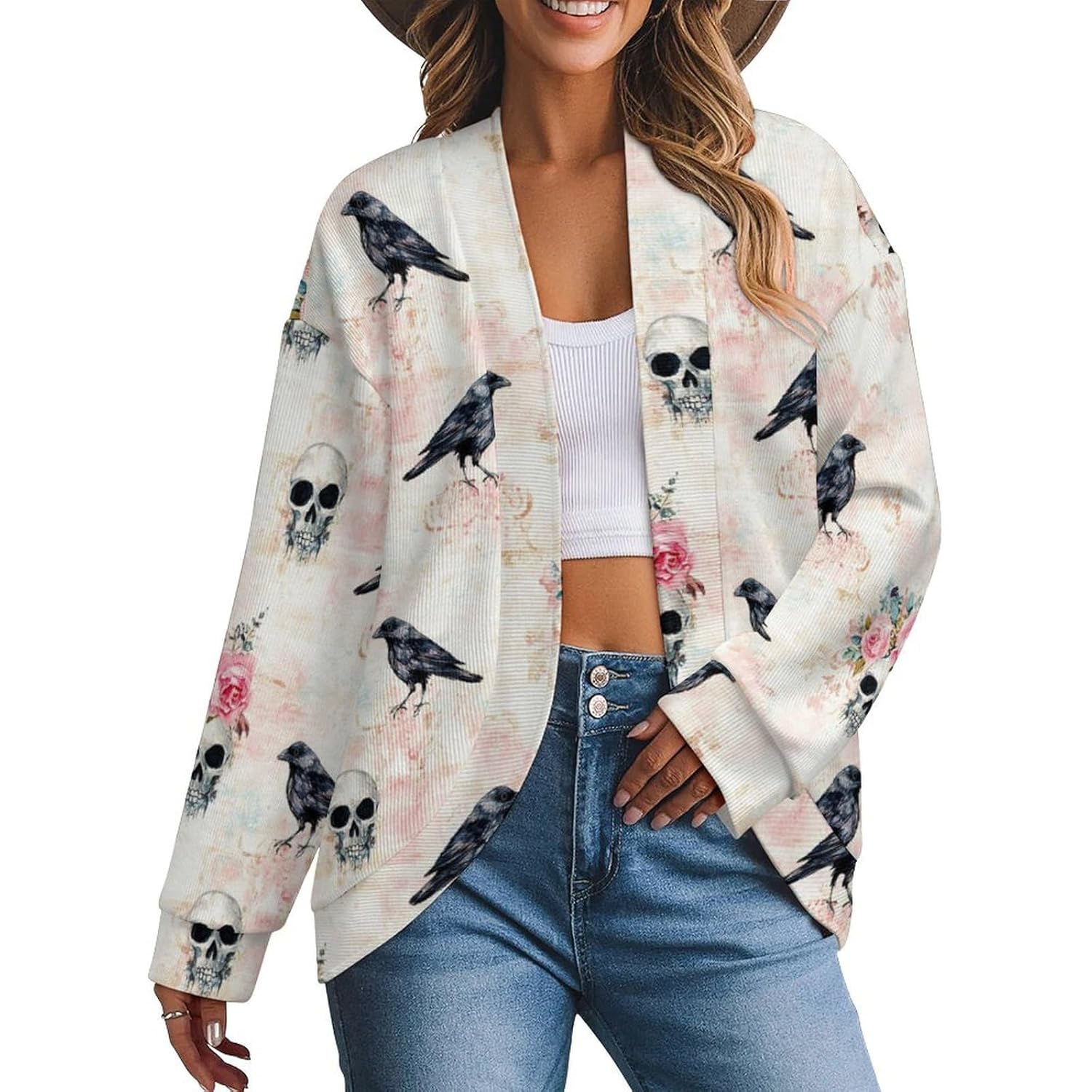 XYPSHN Gothic Raven Crow Womens Open Front Sweater Long Sleeve Shoulder Cardigans Loose Coats Pullover Loungewear