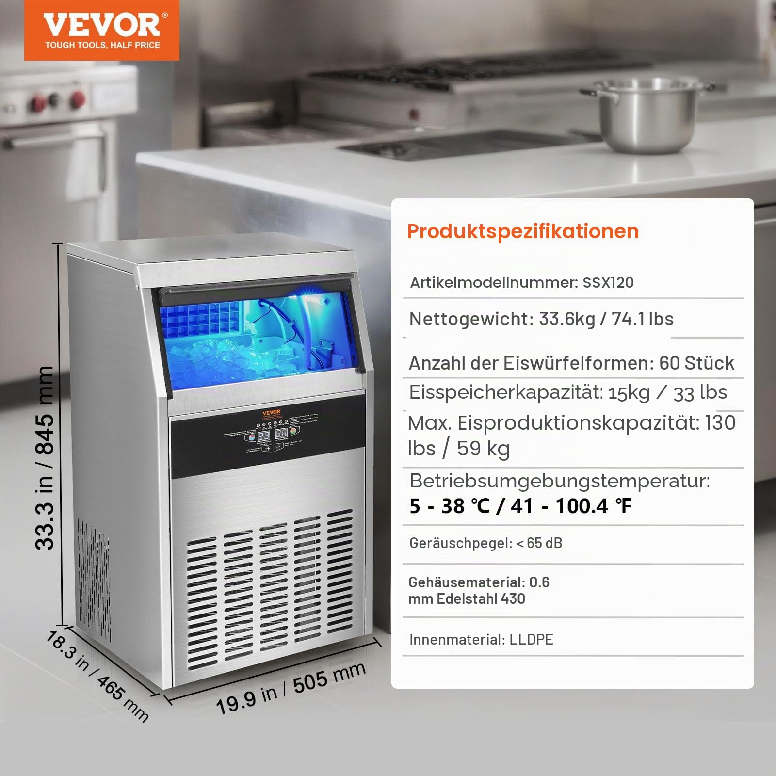 VEVOR Kommerzieller Eiswürfelbereiter Eismaschine 56 kg / 24 h, Leichte Würfeleismaschine 15 kg Eisspeicherkapazität 60 Stk. Eiswürfel, Edelstahl Eiswürfelbereiter inkl. Wasserfilter & Eisschaufel