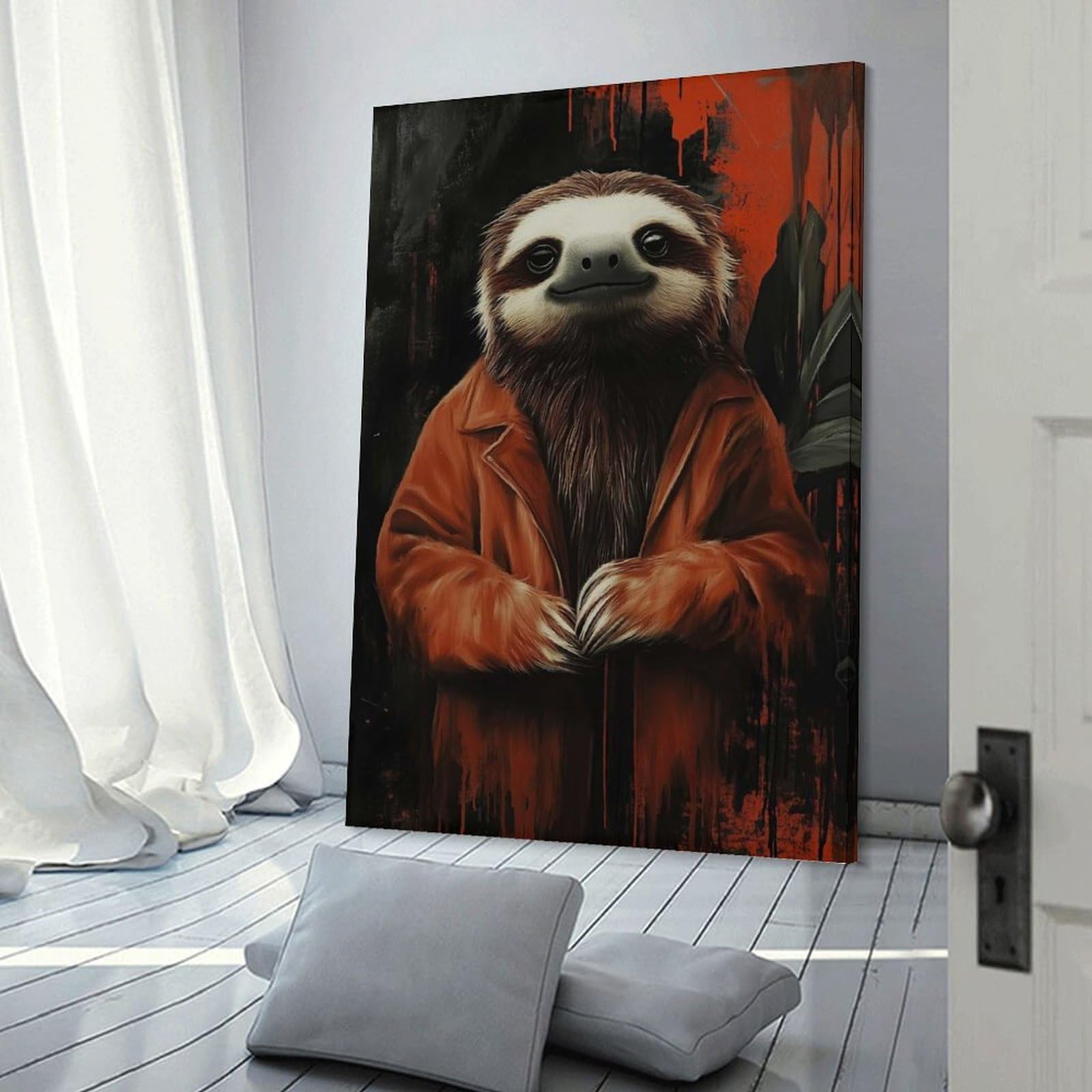 Junmoney Sloth in Red Coat Wall Art Print, 24x36inch(60x90cm), for Wall Displays, Bedrooms Or Room Updates, A Versatile Canvas Print for Layering