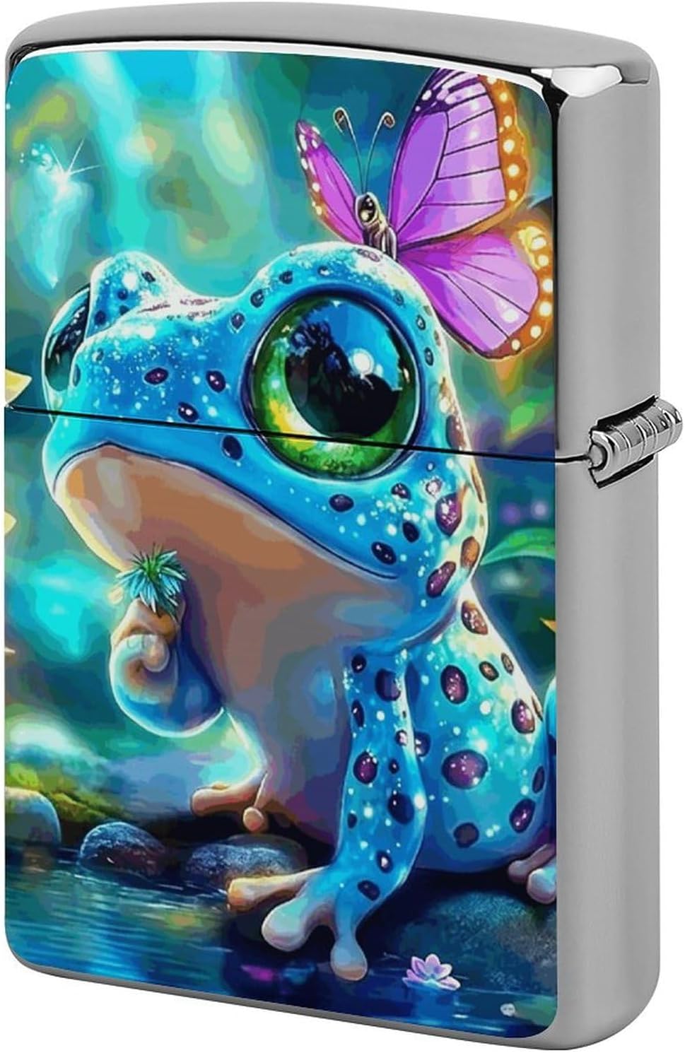 Blue Frog and Butterfly Metal Lighter Cover Case Pouch Holder