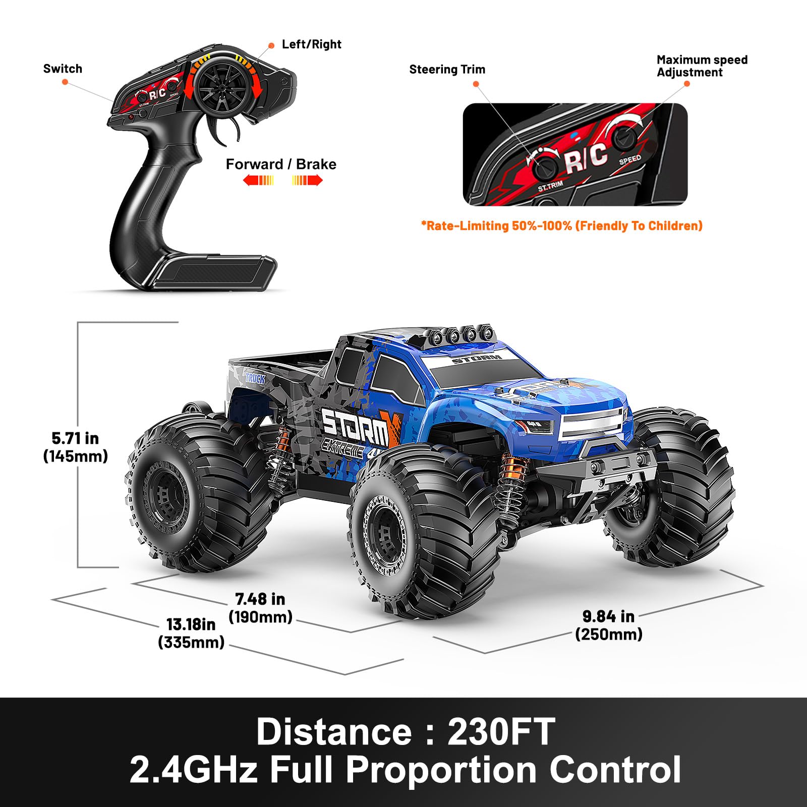 Ferngesteuertes auto erwachsene &Jungen 1:14 All Terrain Offroad Monstertruck, 4WD RC Auto 40 km/h, Wasserdichtes RC Fahrzeug mit 2×1300mAh Akkus, Metall-Stoßdämpfer, 6 LED Scheinwerfer, RTR RC Truck