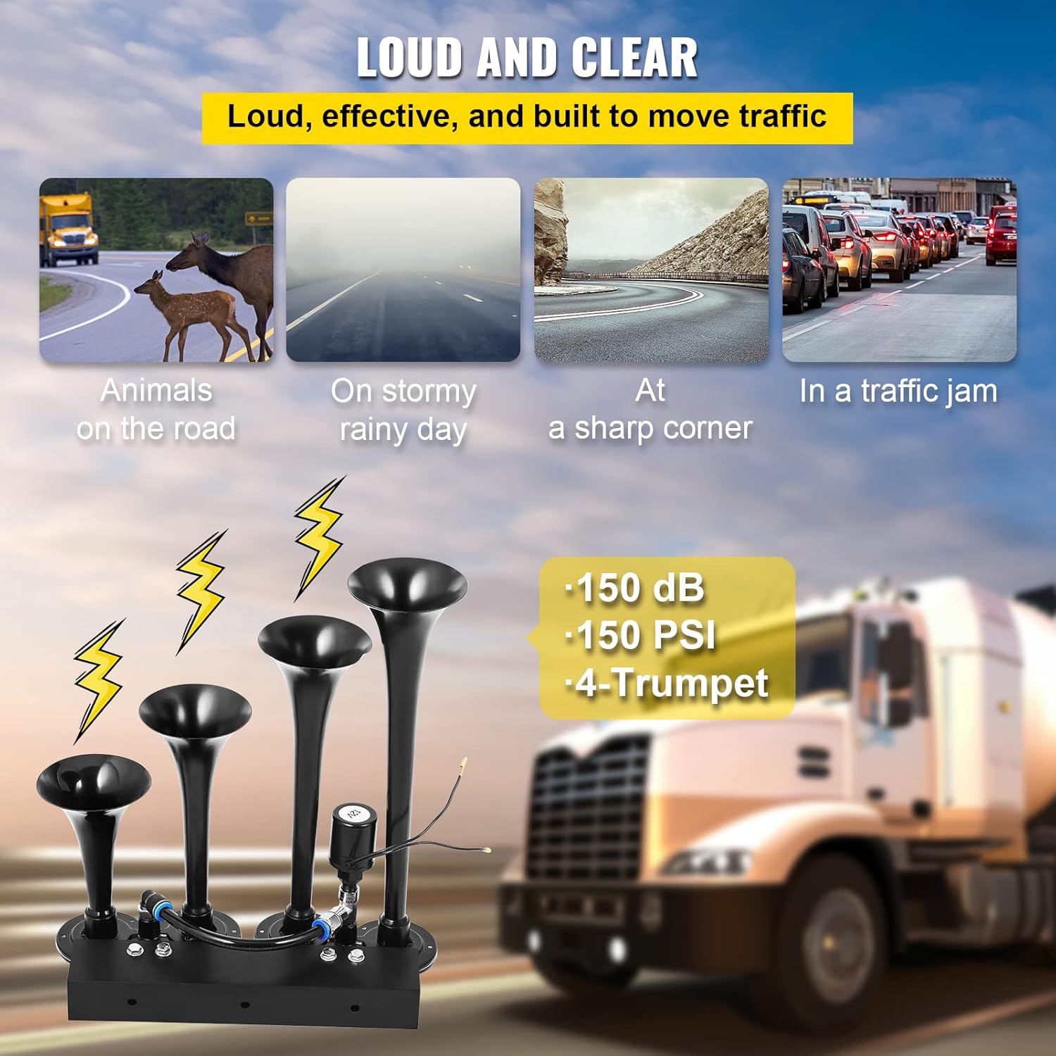 VEVOR Train Horn Kit demonstrating loud and clear sound in various scenarios