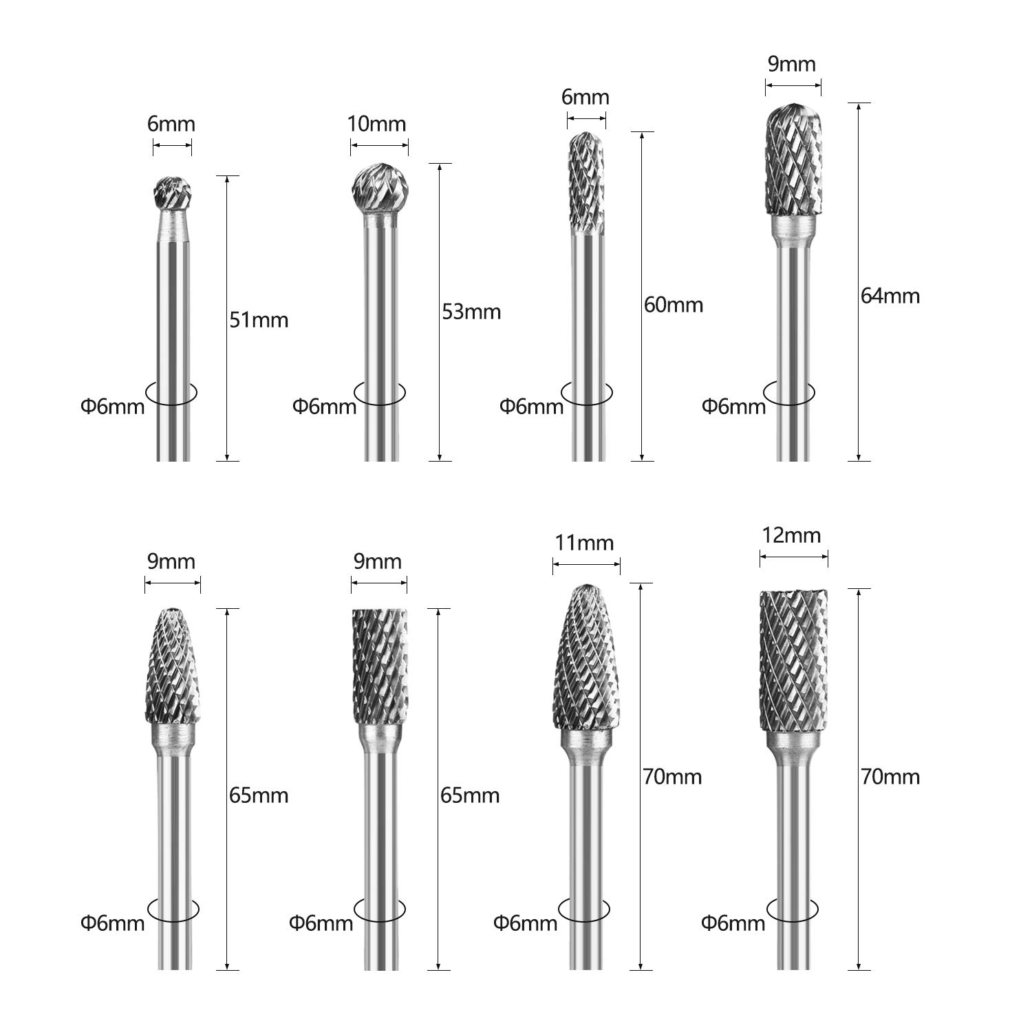 Fraises Rotatives, Double Coupe de Tungstène Burres, 8 Pièces Double Coupe de Tungstène Burres Rotatives en Carbure Massif En Acier Set 6mm Queue Pour Outils Rotatifs perceuse électrique -CTBSE