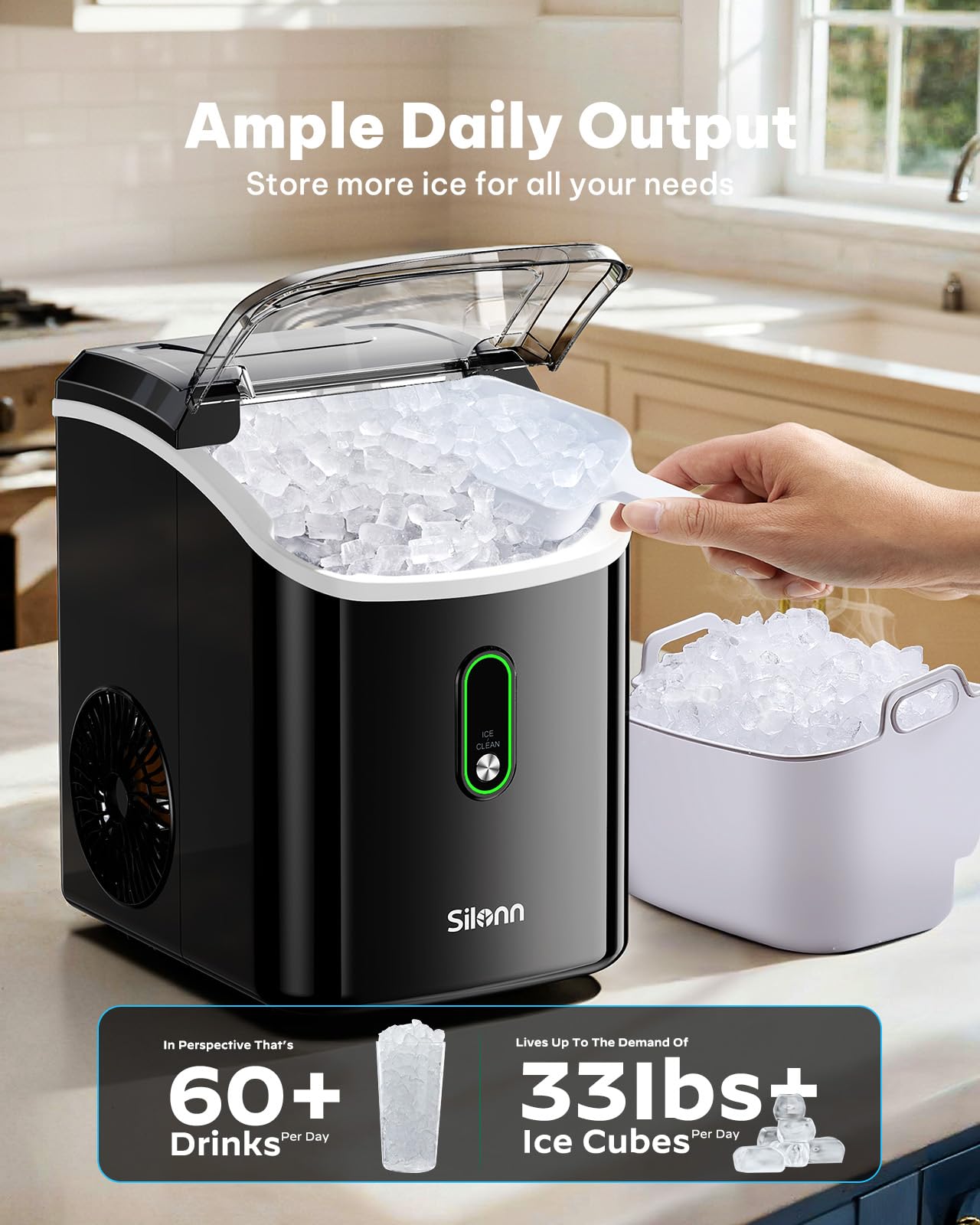 Silonn Nugget Ice Maker Countertop, Pellet Ice Machine with Self-Cleaning Function, Sonic Ice Maker Produces 33lbs of Chewable Ice in 24 Hours, Ideal for Home Kitchen and Office (Black) on Fridge.com