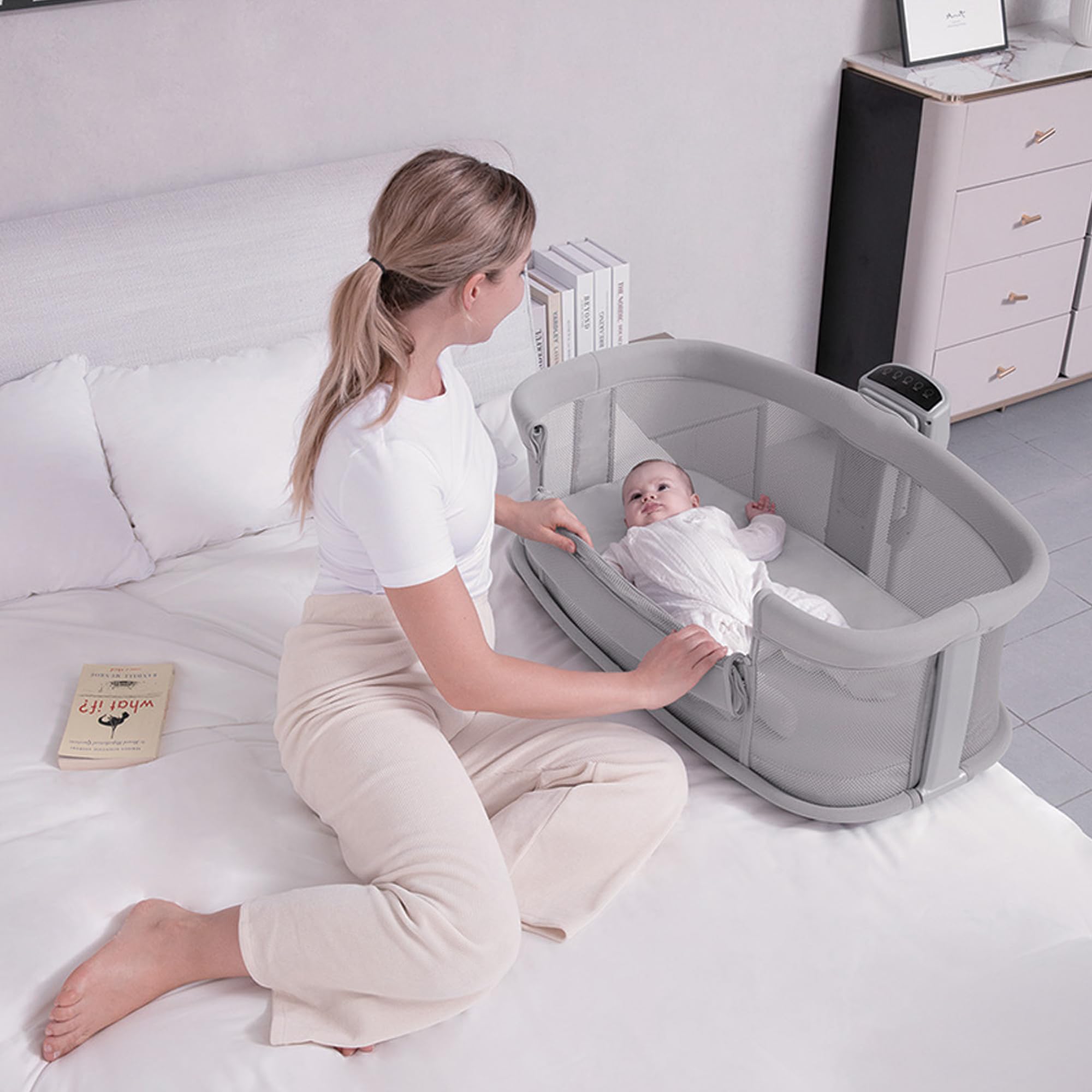 Olmitos Mini Cuna Multifuncional para Bebé 4 en 1: Moisés, Minicuna Colecho, Parque de Juegos | Colchón Lavable, Balanceo Automático, Conectividad Smart y Capota con Mosquitera (Gris Claro)
