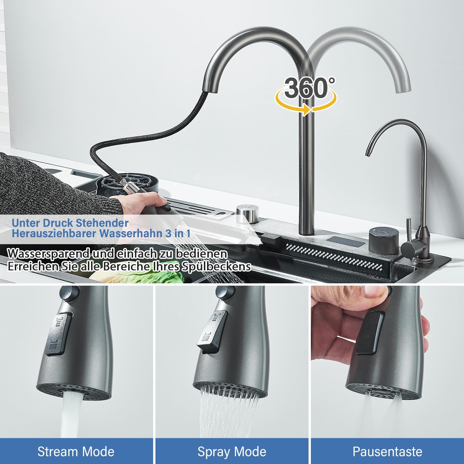 Lavello da cucina a cascata, nero, 75 x 45 cm, 1 vasca, in acciaio inox, rettangolare, troppopieno e scarico, multifunzionale, moderno lavello a cascata con rubinetto per acqua potabile