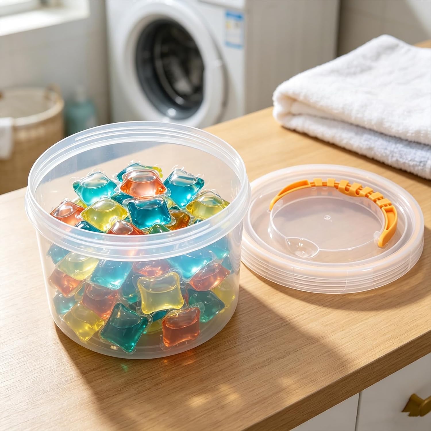 Laundry Pod Container with Lid and Handle, Clear Detergent Pod Holder for Laundry Room Organization, Plastic Storage Jar with Silicone Ring, Wide Opening Organizer for Pods, Sheets, Beads